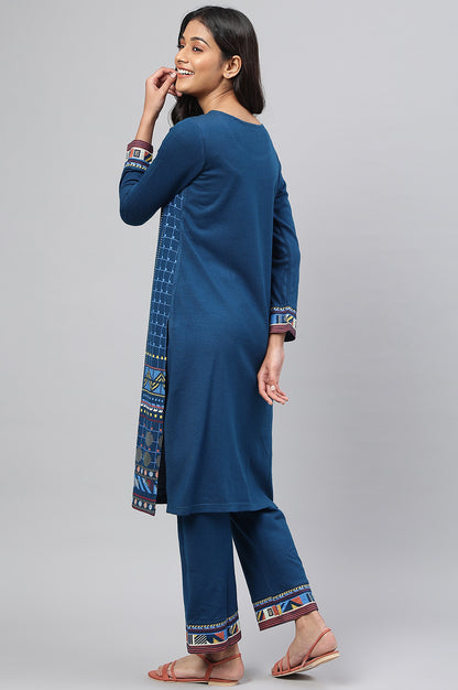 Blue Printed Winter kurta with Straight Palazzos