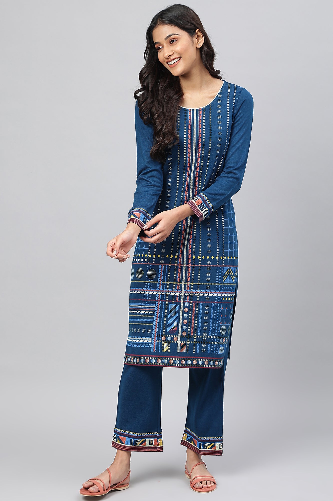 Blue Printed Winter kurta with Straight Palazzos