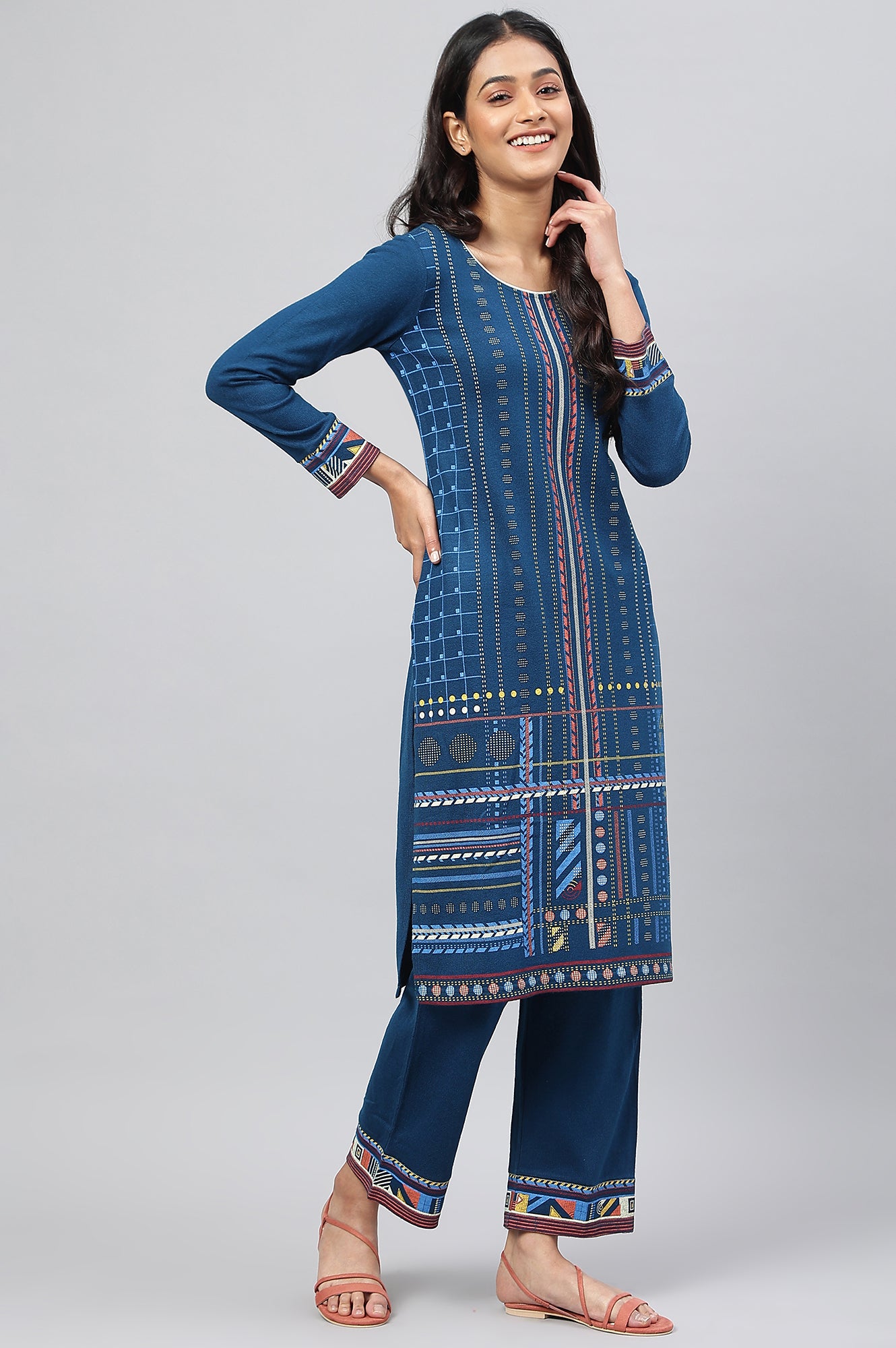 Blue Printed Winter kurta with Straight Palazzos