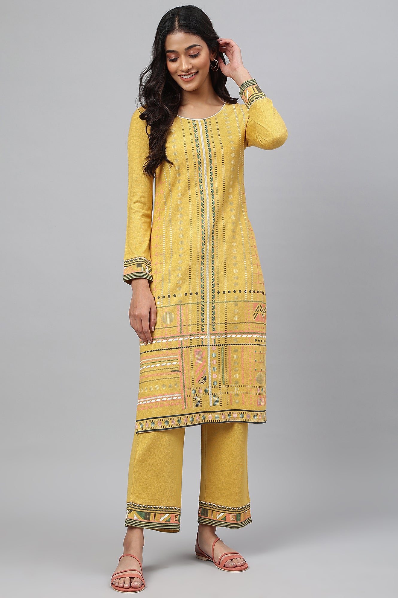 Yellow Printed Winter kurta with Straight Palazzos