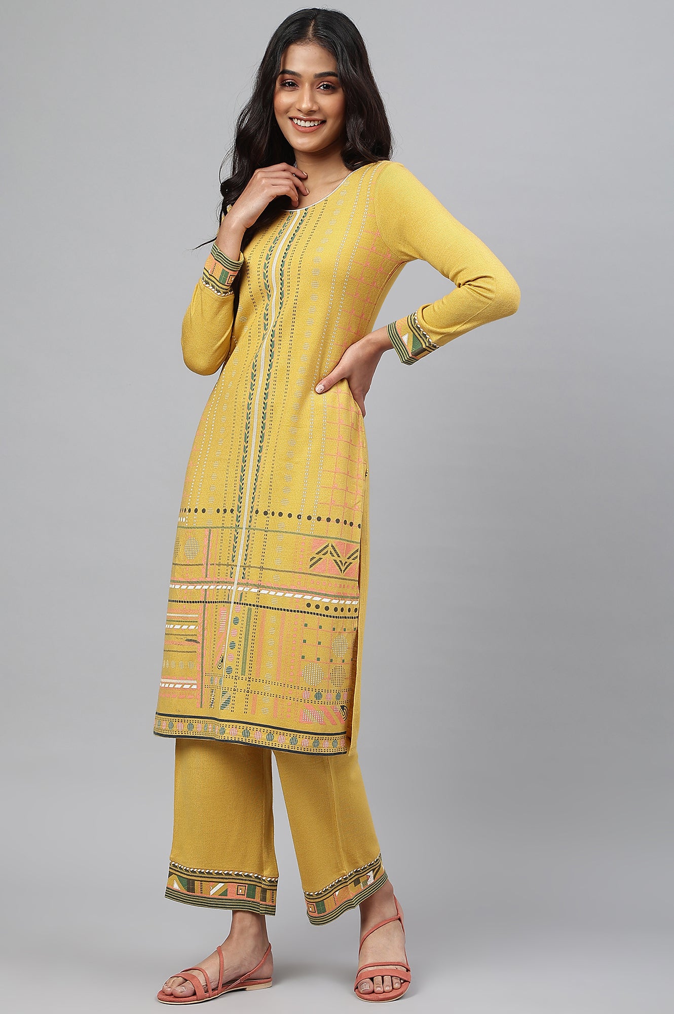 Yellow Printed Winter kurta with Straight Palazzos