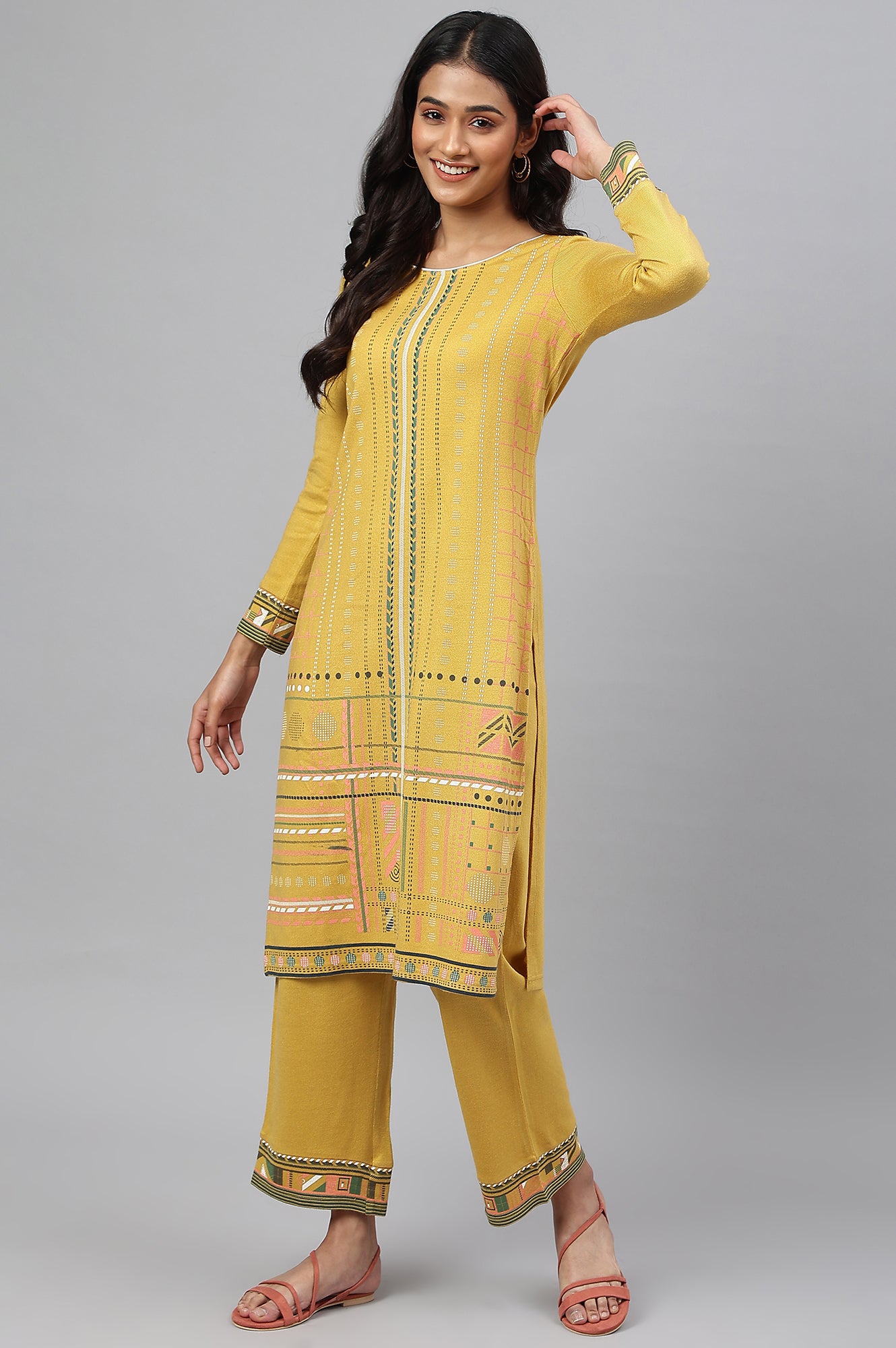 Yellow Printed Winter kurta with Straight Palazzos