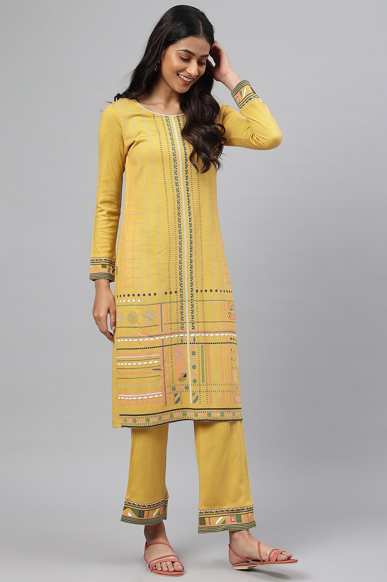 Yellow Printed Winter kurta with Straight Palazzos