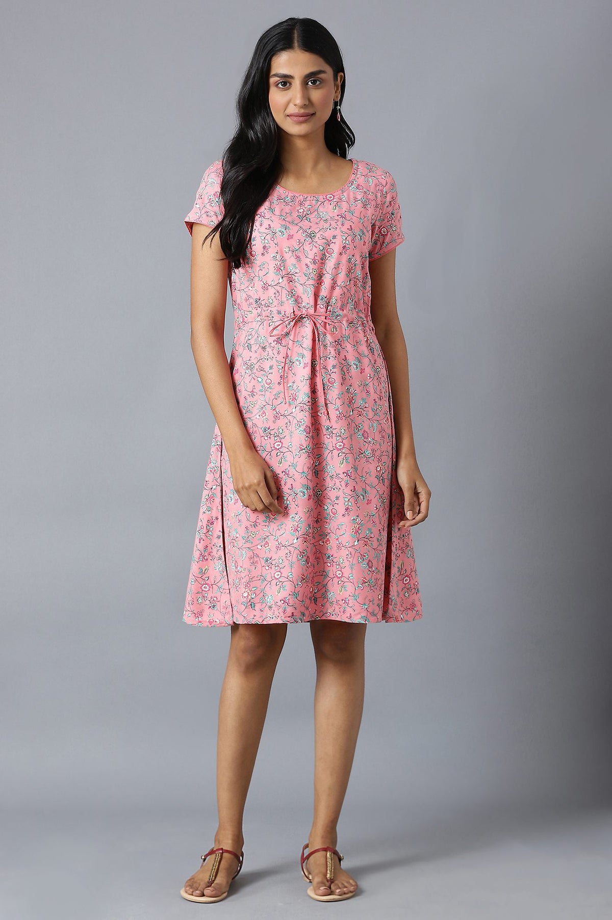 Pink Flared Dress In Floral Print And Round Neck - XS