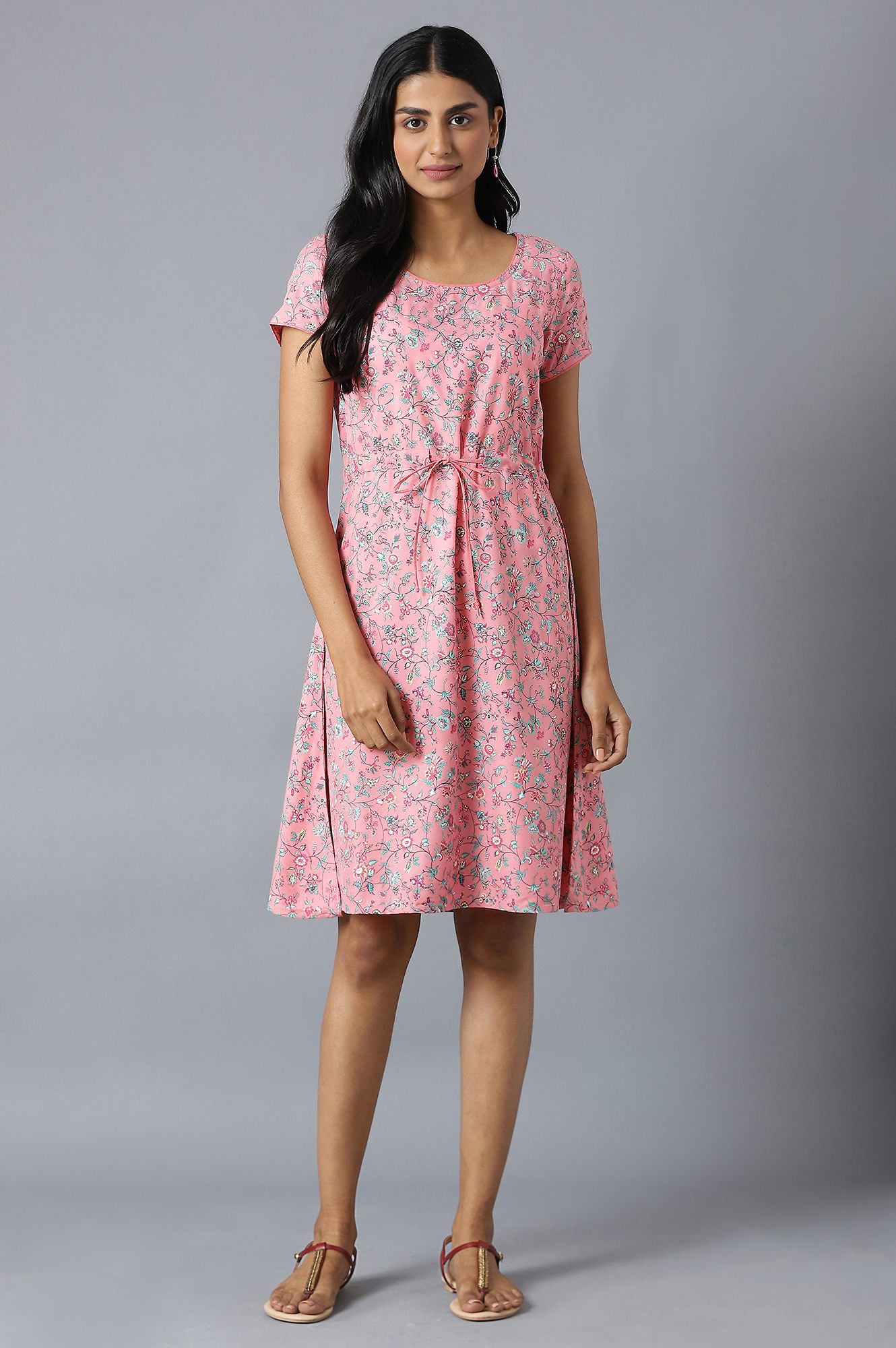 Pink Flared Dress In Floral Print And Round Neck