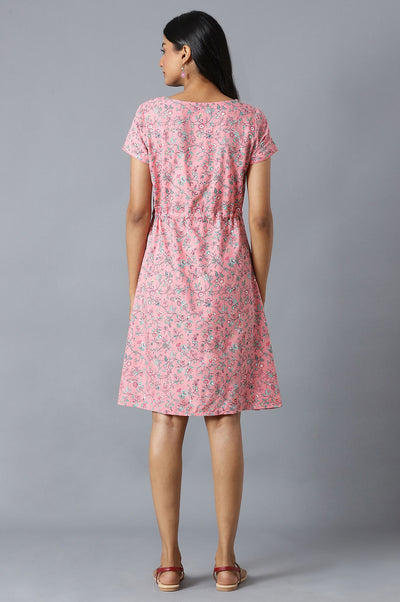 Pink Flared Dress In Floral Print And Round Neck