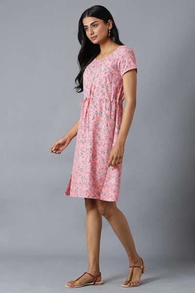Pink Flared Dress In Floral Print And Round Neck