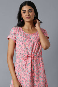 Pink Flared Dress In Floral Print And Round Neck
