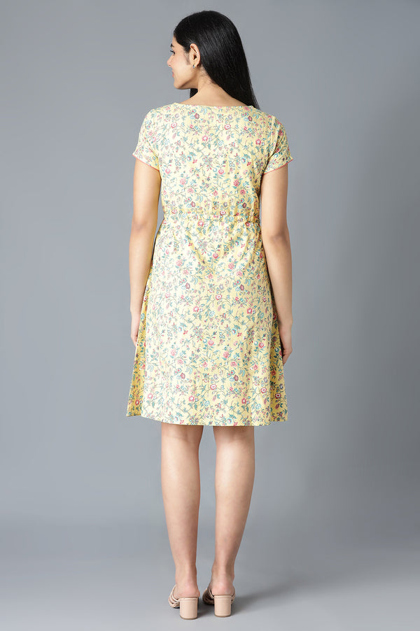 Yellow Flared Dress In Floral Print And Round Neck
