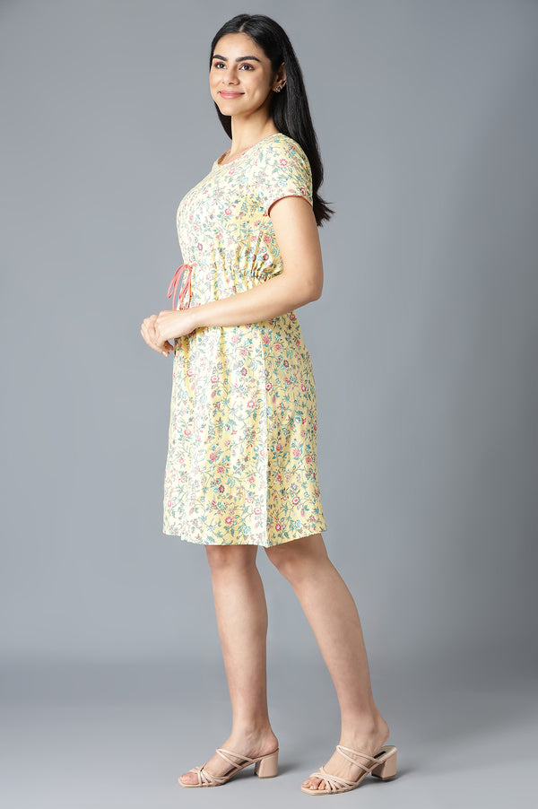 Yellow Flared Dress In Floral Print And Round Neck