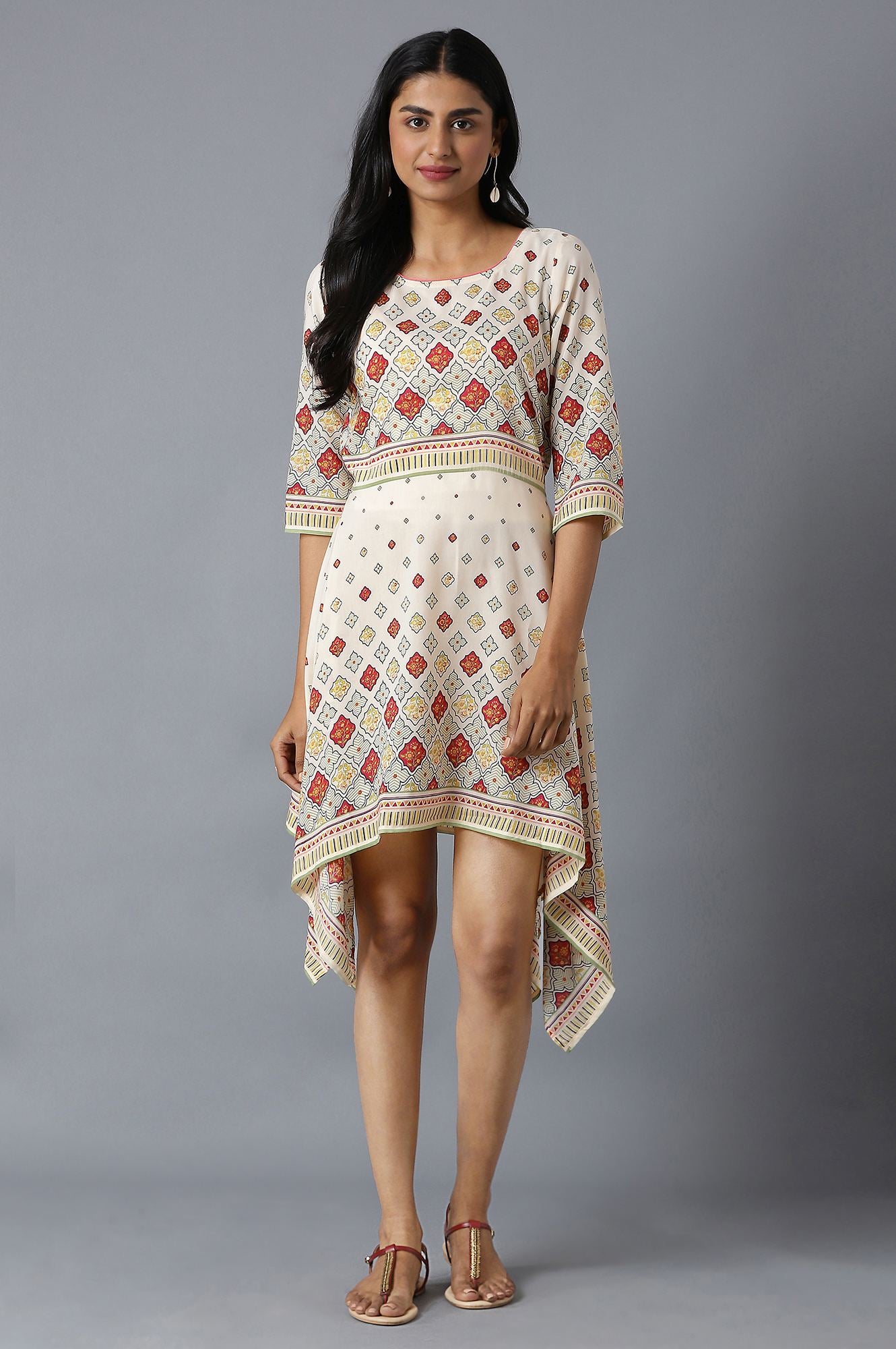 Natural Flared Dress In Floral Print And Square Neck