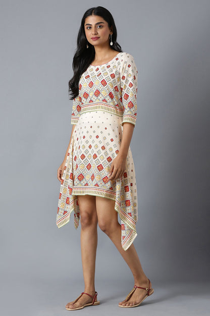 Natural Flared Dress In Floral Print And Square Neck