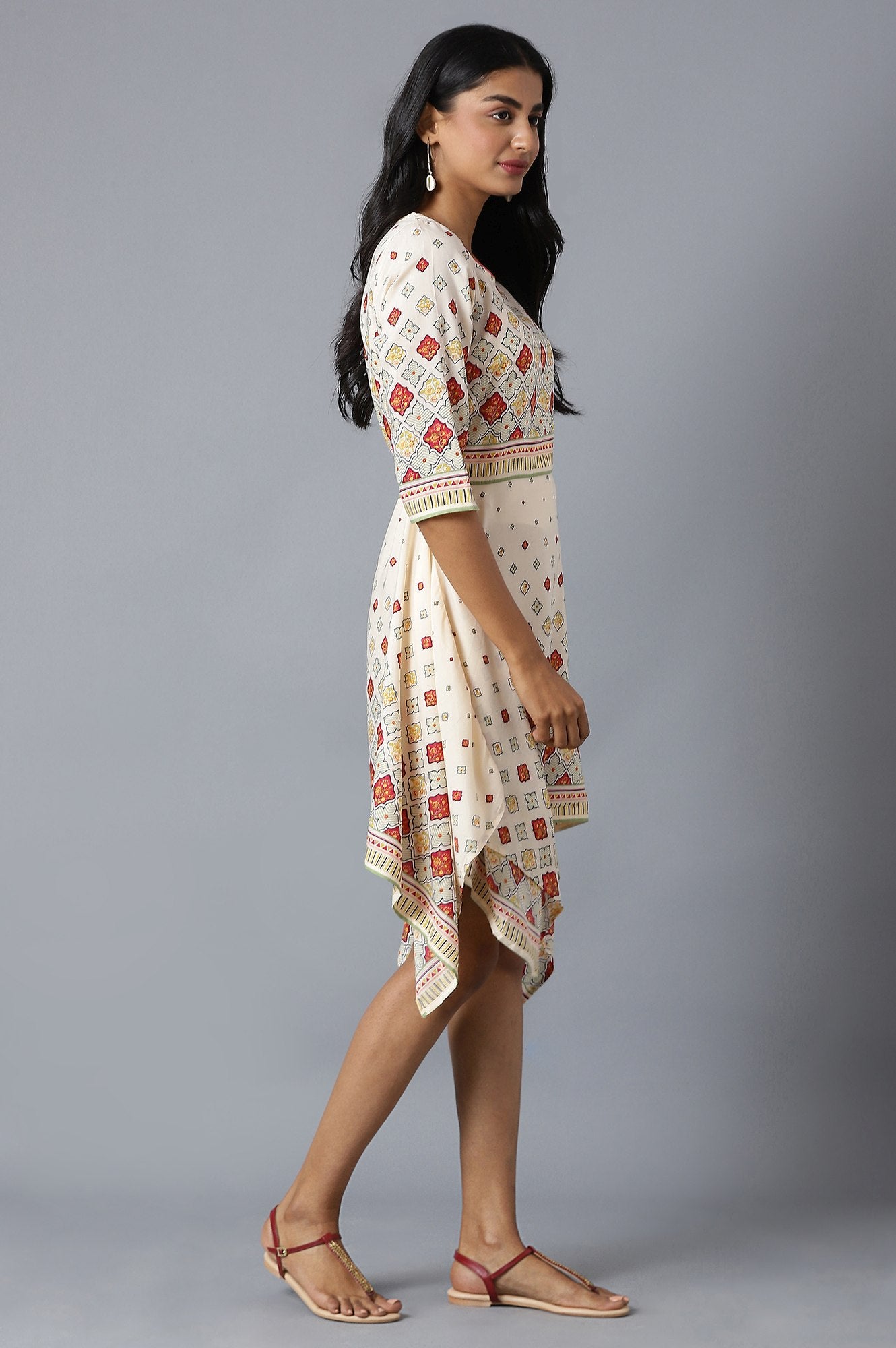 Natural Flared Dress In Floral Print And Square Neck