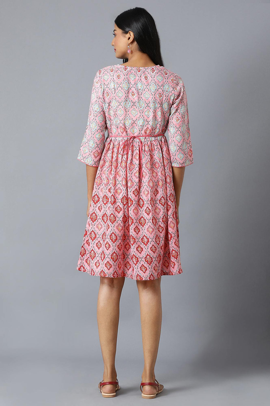 Blush Pink Flared Dress In Floral Print And V-Neck