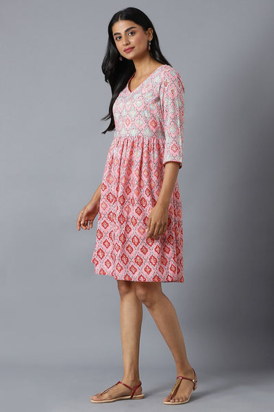 Blush Pink Flared Dress In Floral Print And V-Neck