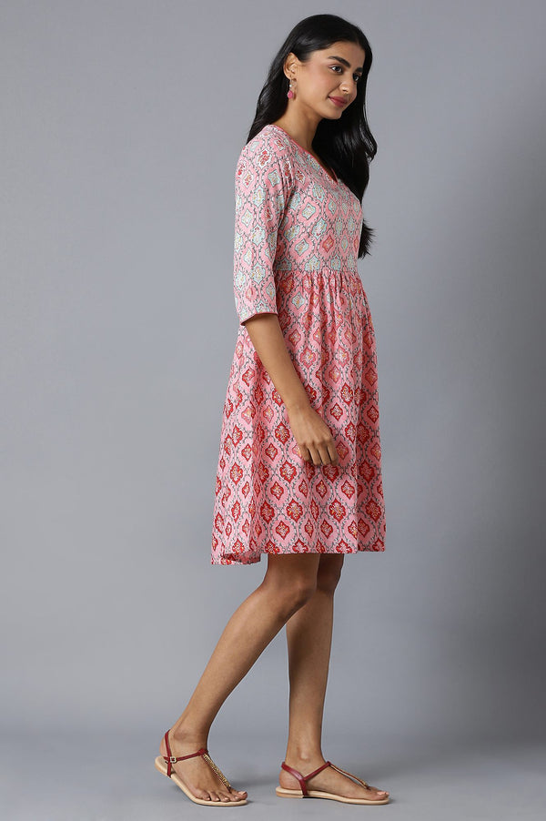 Blush Pink Flared Dress In Floral Print And V-Neck