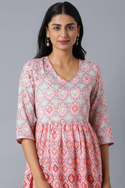 Blush Pink Flared Dress In Floral Print And V-Neck