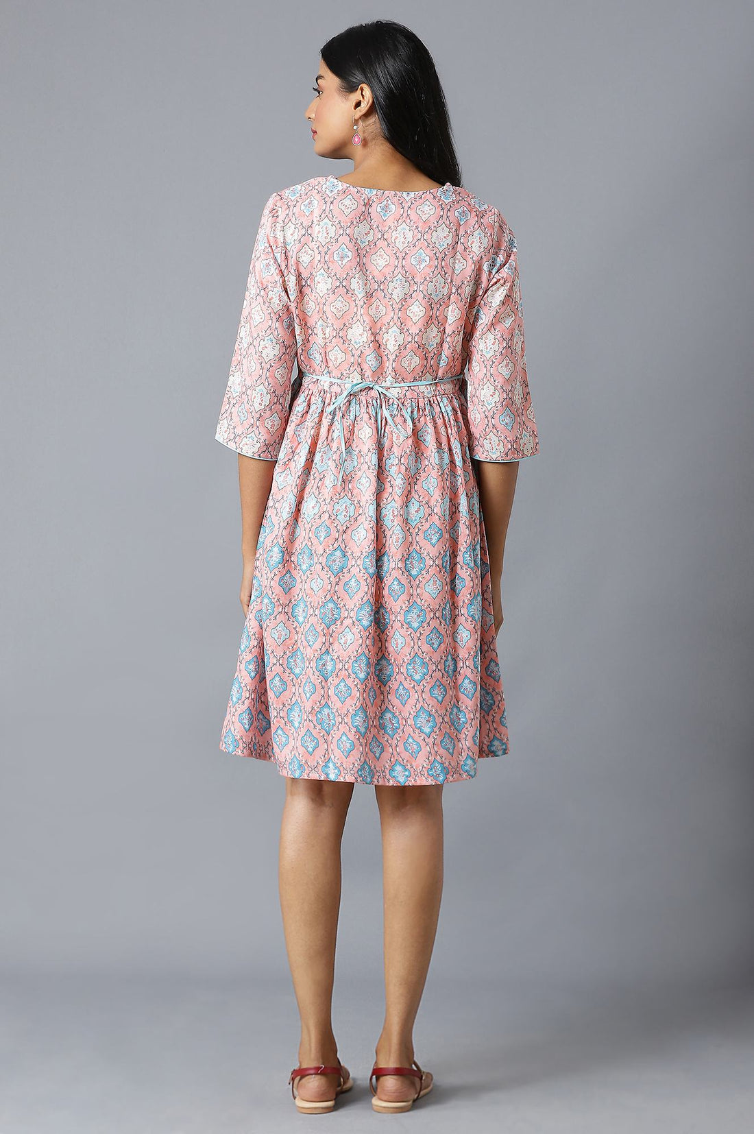 Peach Flared Dress In Floral Print And V-Neck