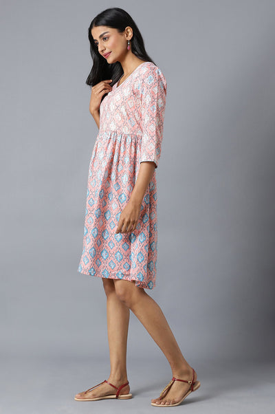 Peach Flared Dress In Floral Print And V-Neck