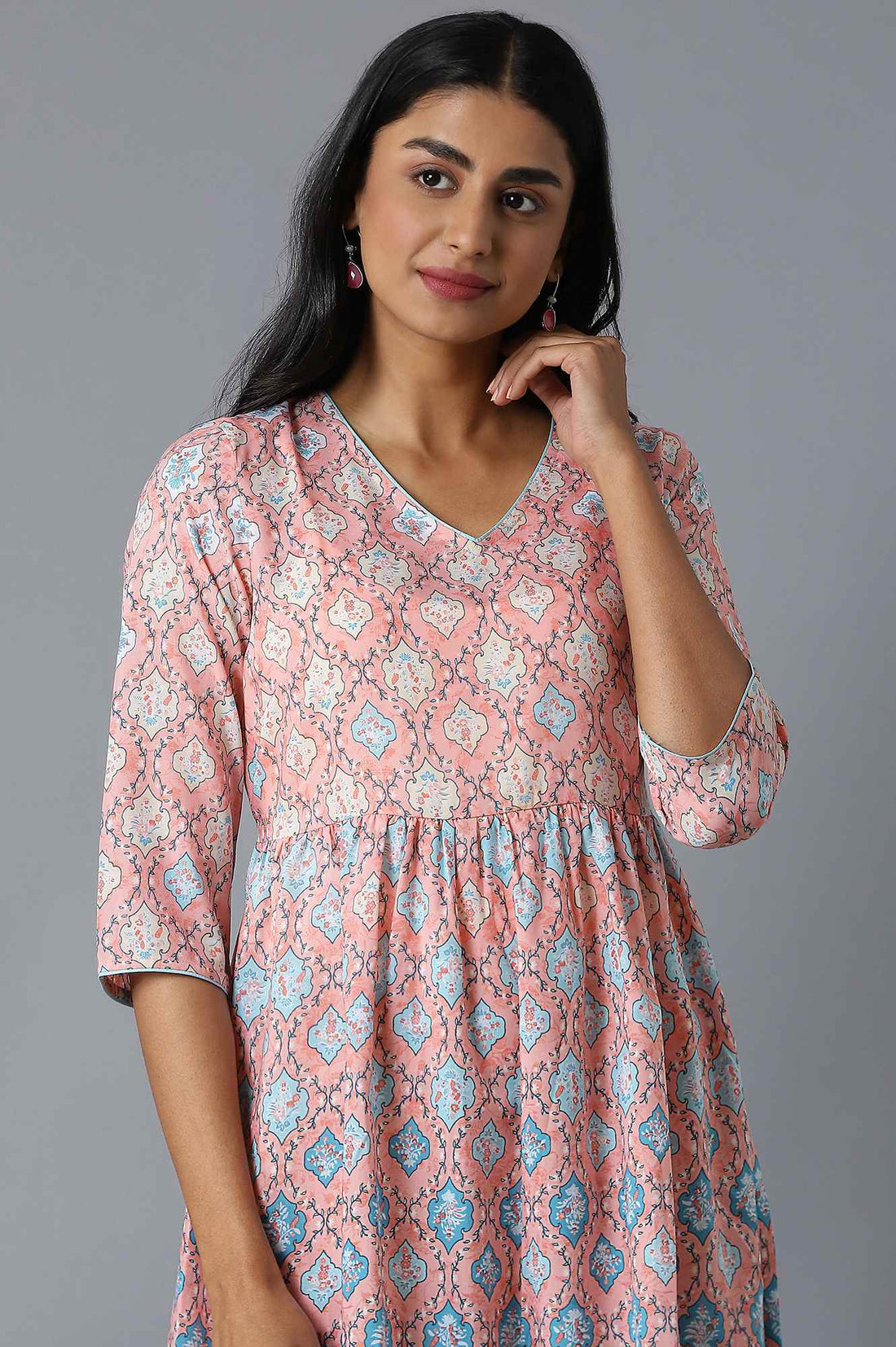 Peach Flared Dress In Floral Print And V-Neck