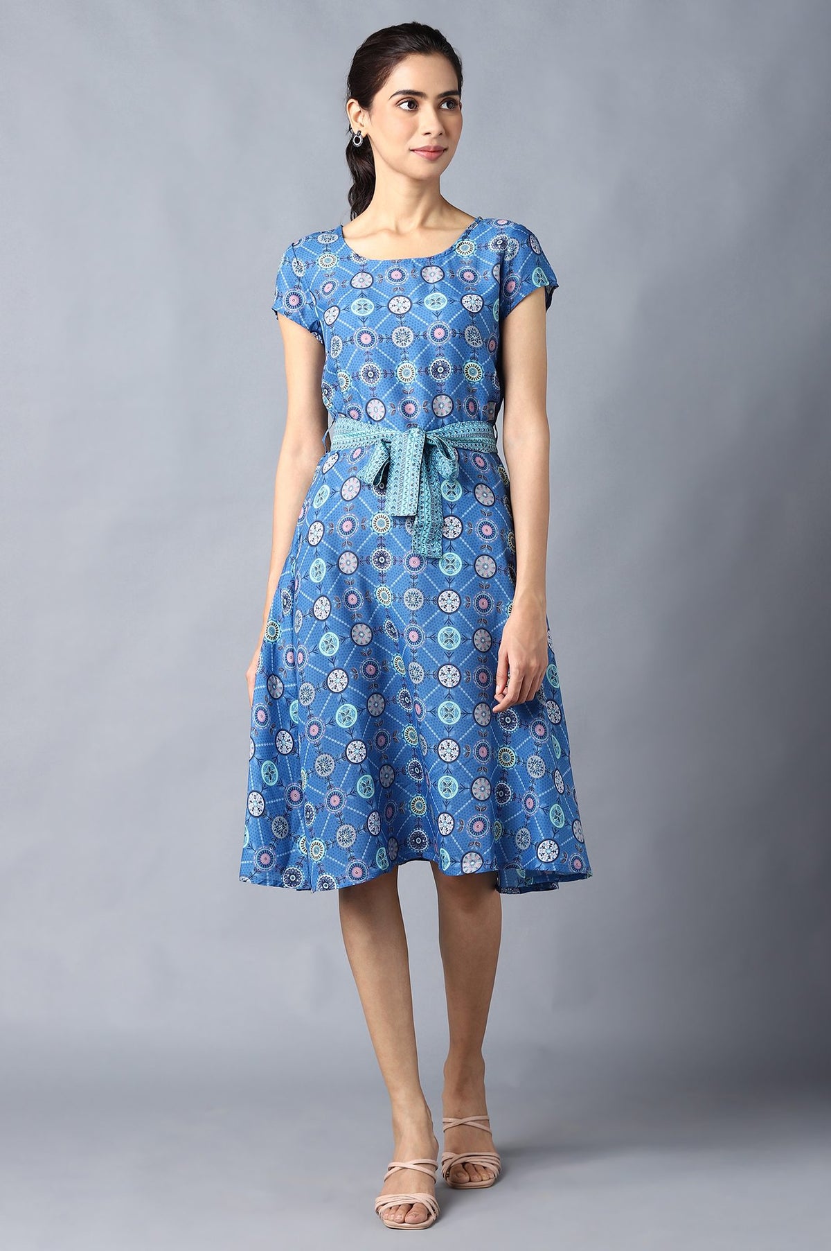 Blue Circular Floral Printed Dress In Round Neck - XS