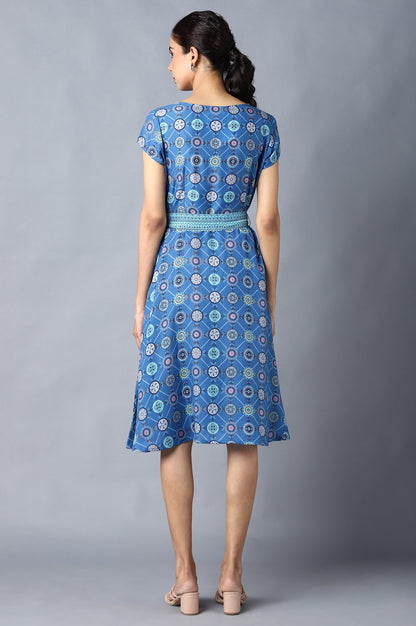 Blue Circular Floral Printed Dress In Round Neck