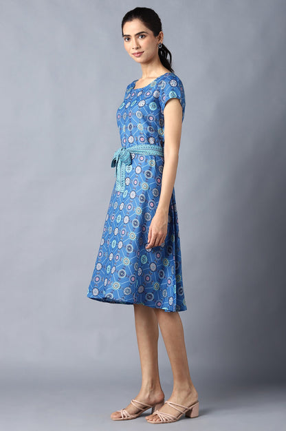 Blue Circular Floral Printed Dress In Round Neck