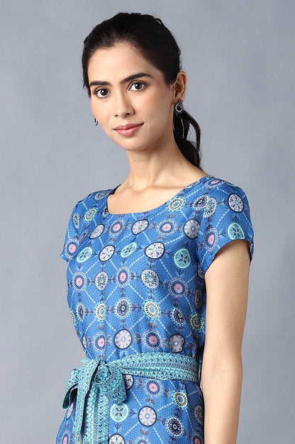 Blue Circular Floral Printed Dress In Round Neck