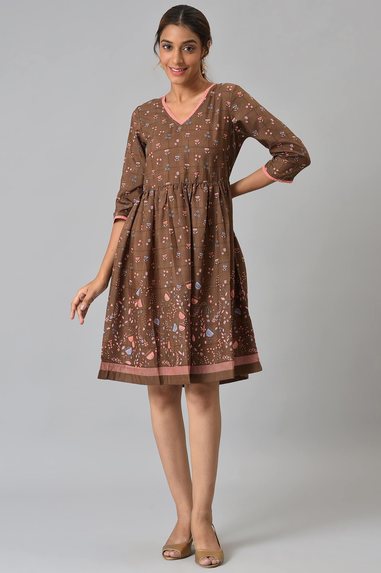 Brown Floral Printed Flared Dress