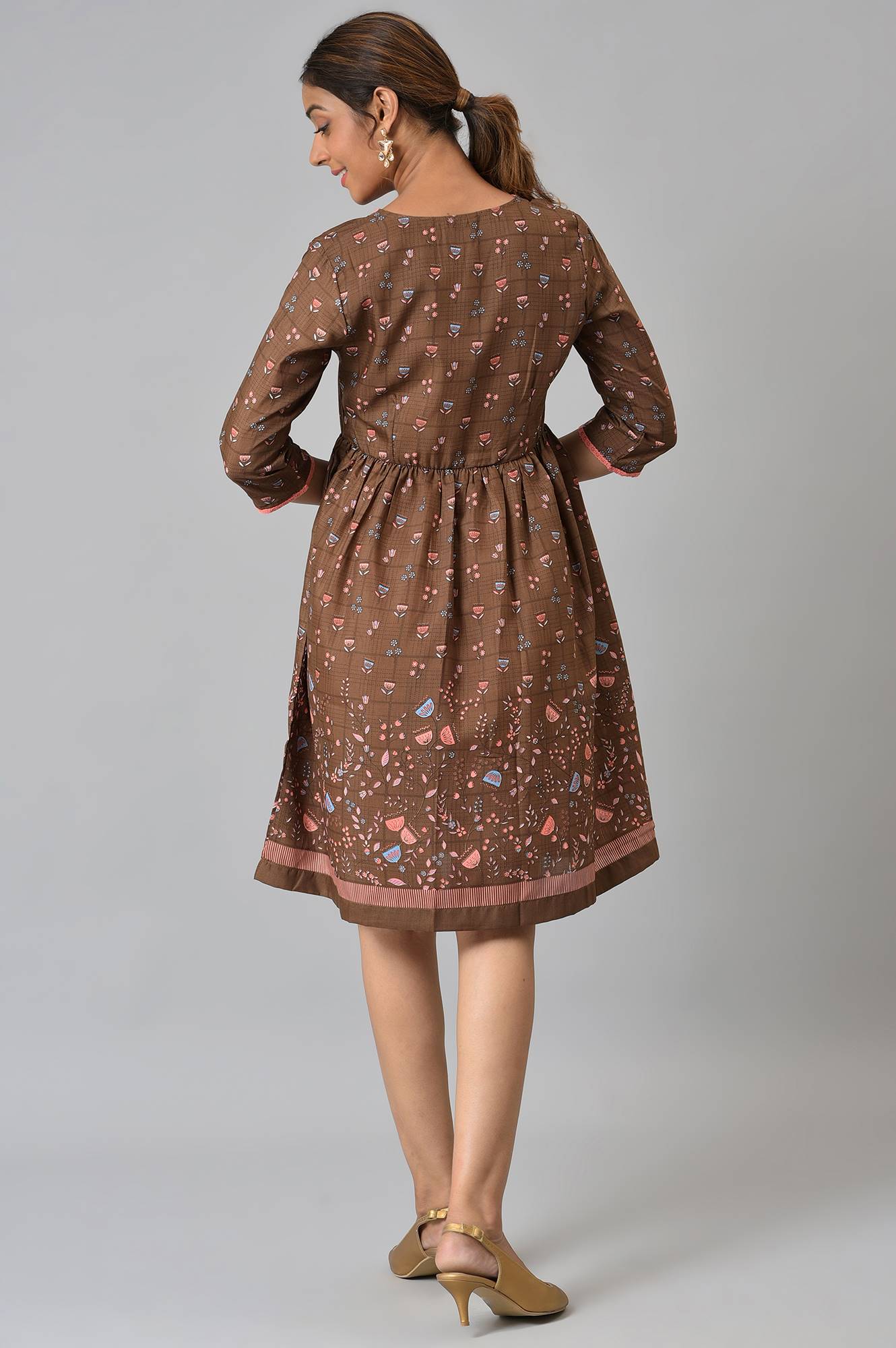 Brown Floral Printed Flared Dress