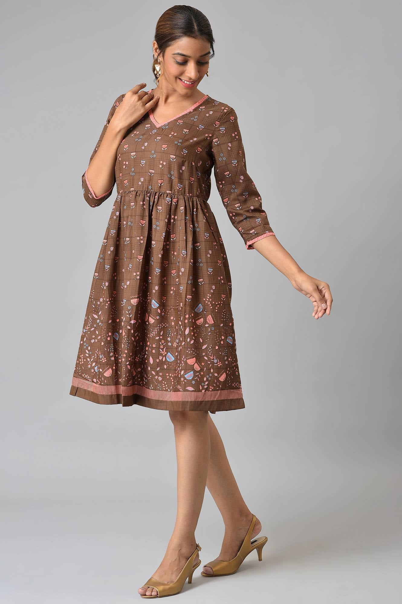 Brown Floral Printed Flared Dress