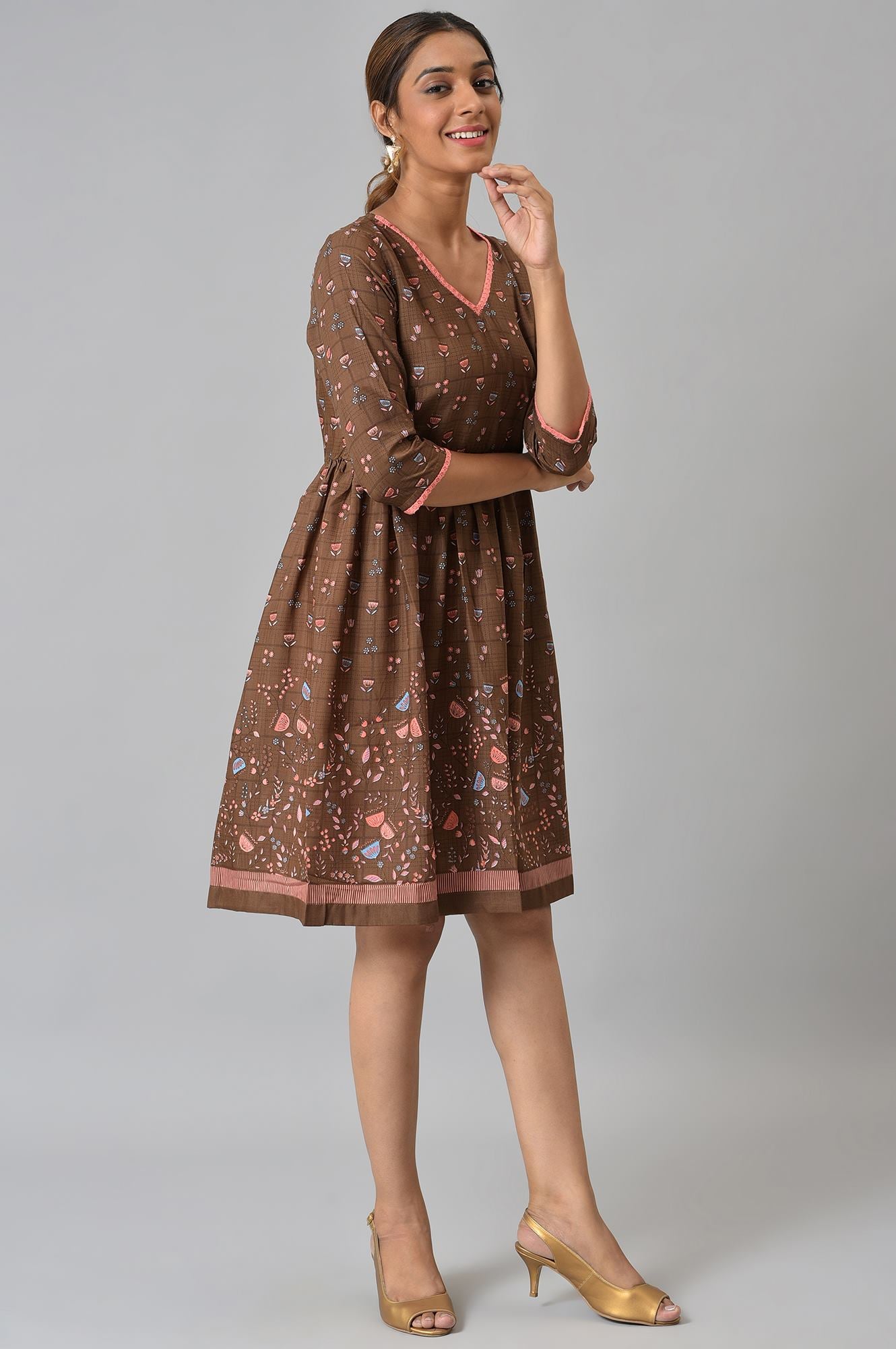 Buy Brown Floral Printed Flared Dress Online for Woman
