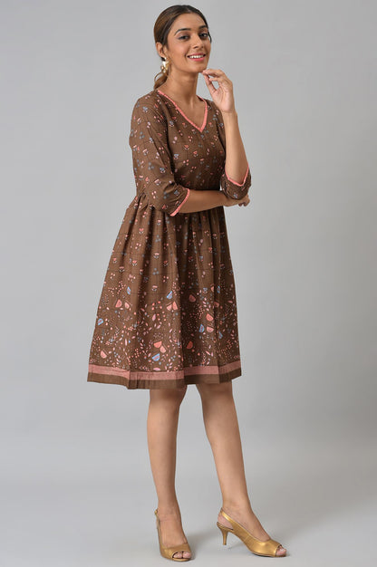 Brown Floral Printed Flared Dress