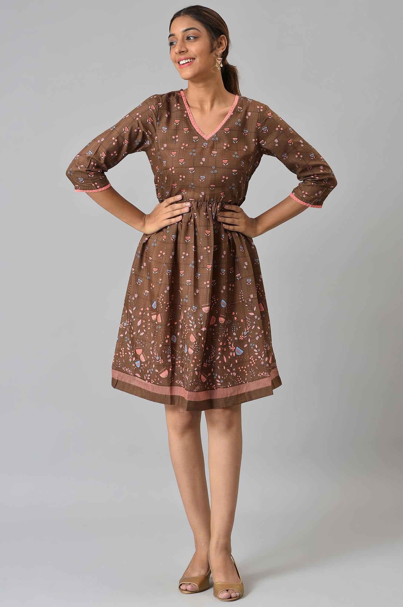 Brown Floral Printed Flared Dress