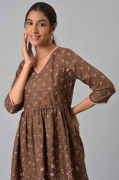 Brown Floral Printed Flared Dress