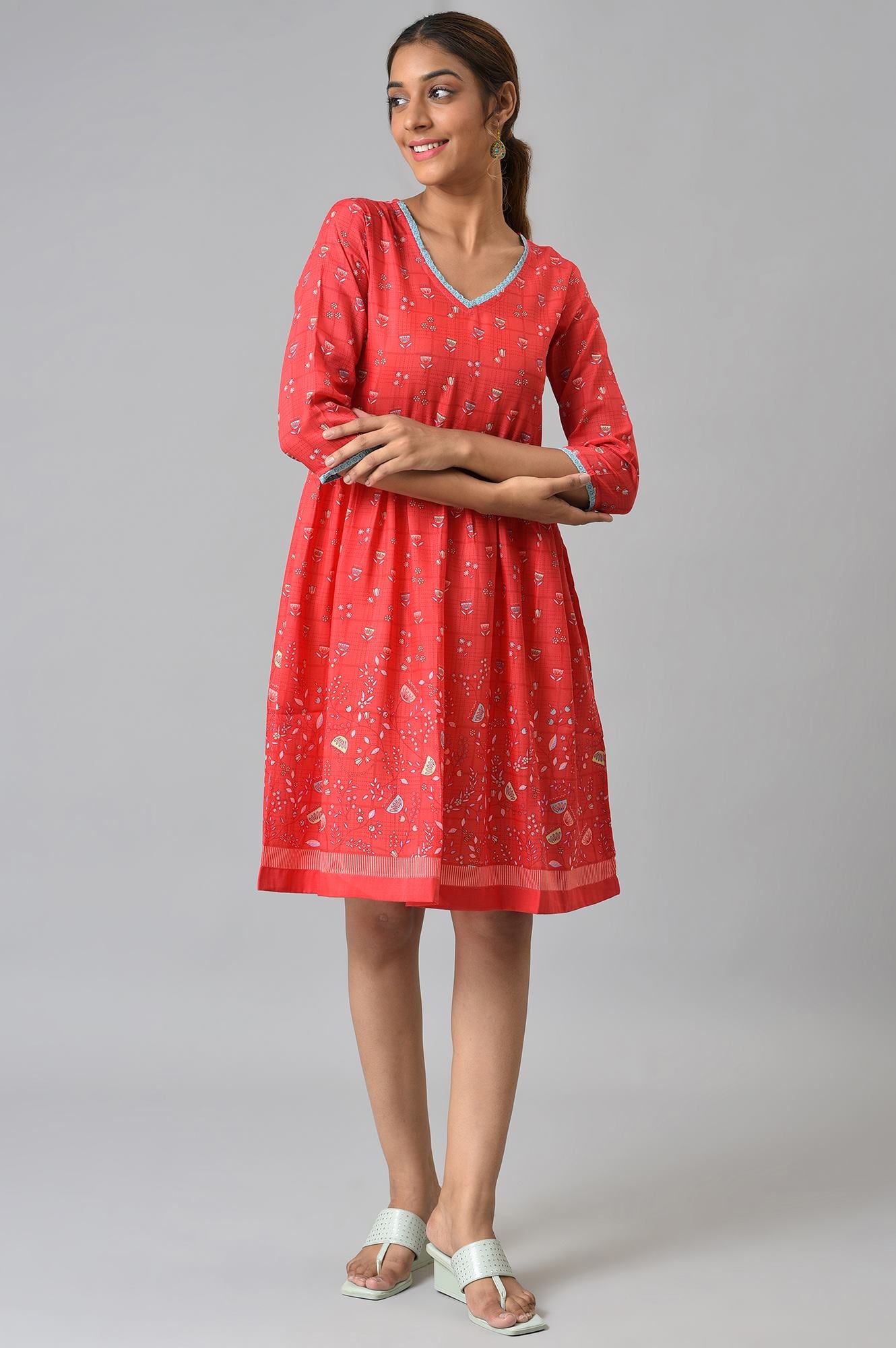 Red Floral Printed Flared Dress