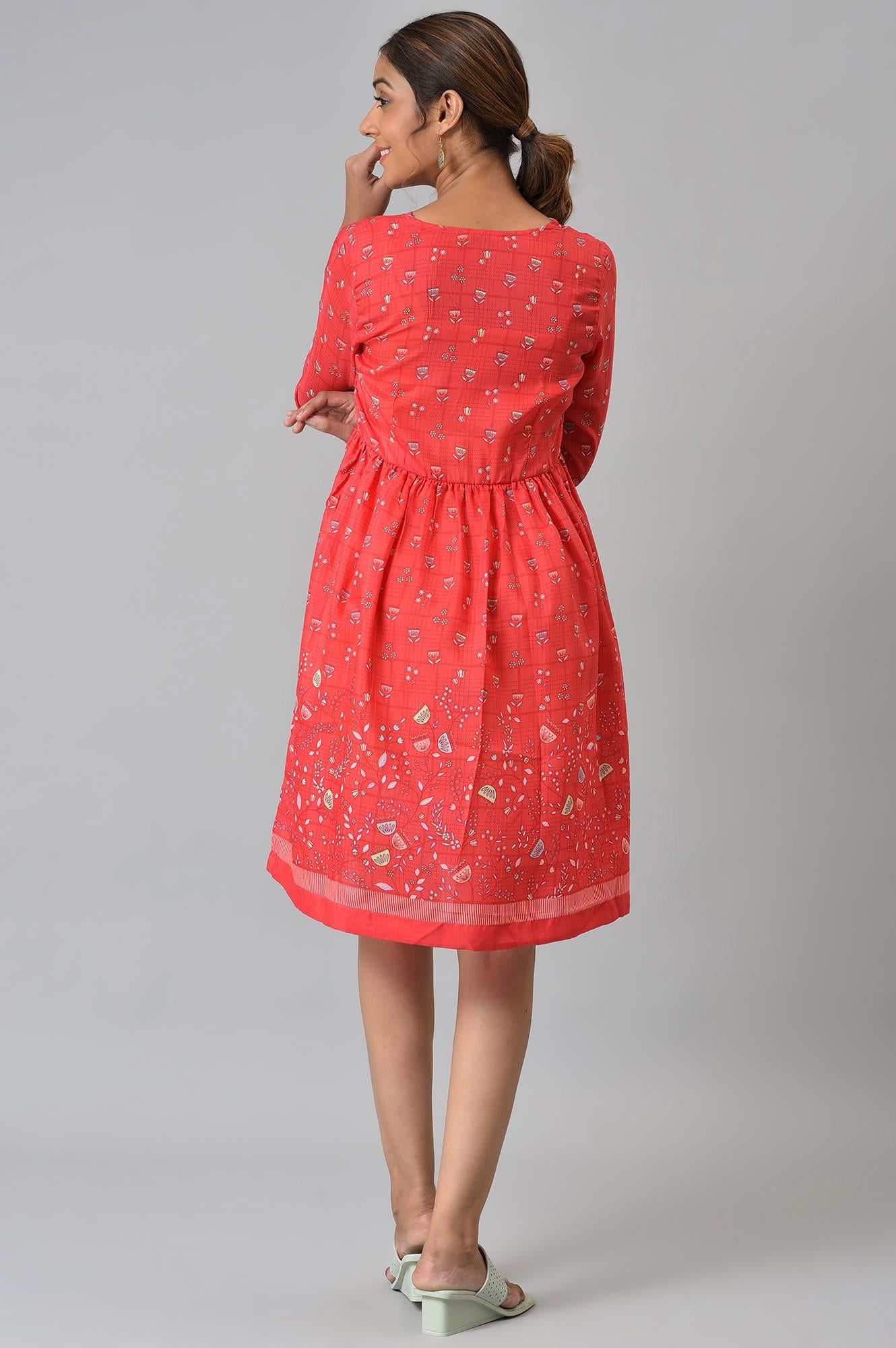 Red Floral Printed Flared Dress