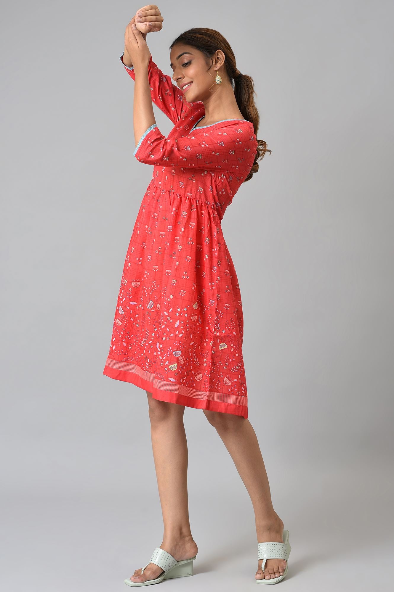 Red Floral Printed Flared Dress