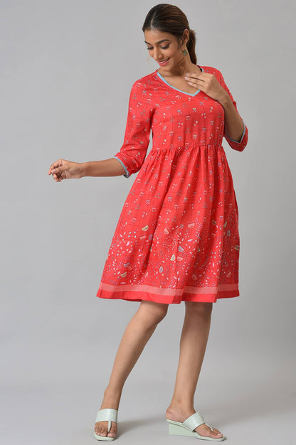 Red Floral Printed Flared Dress