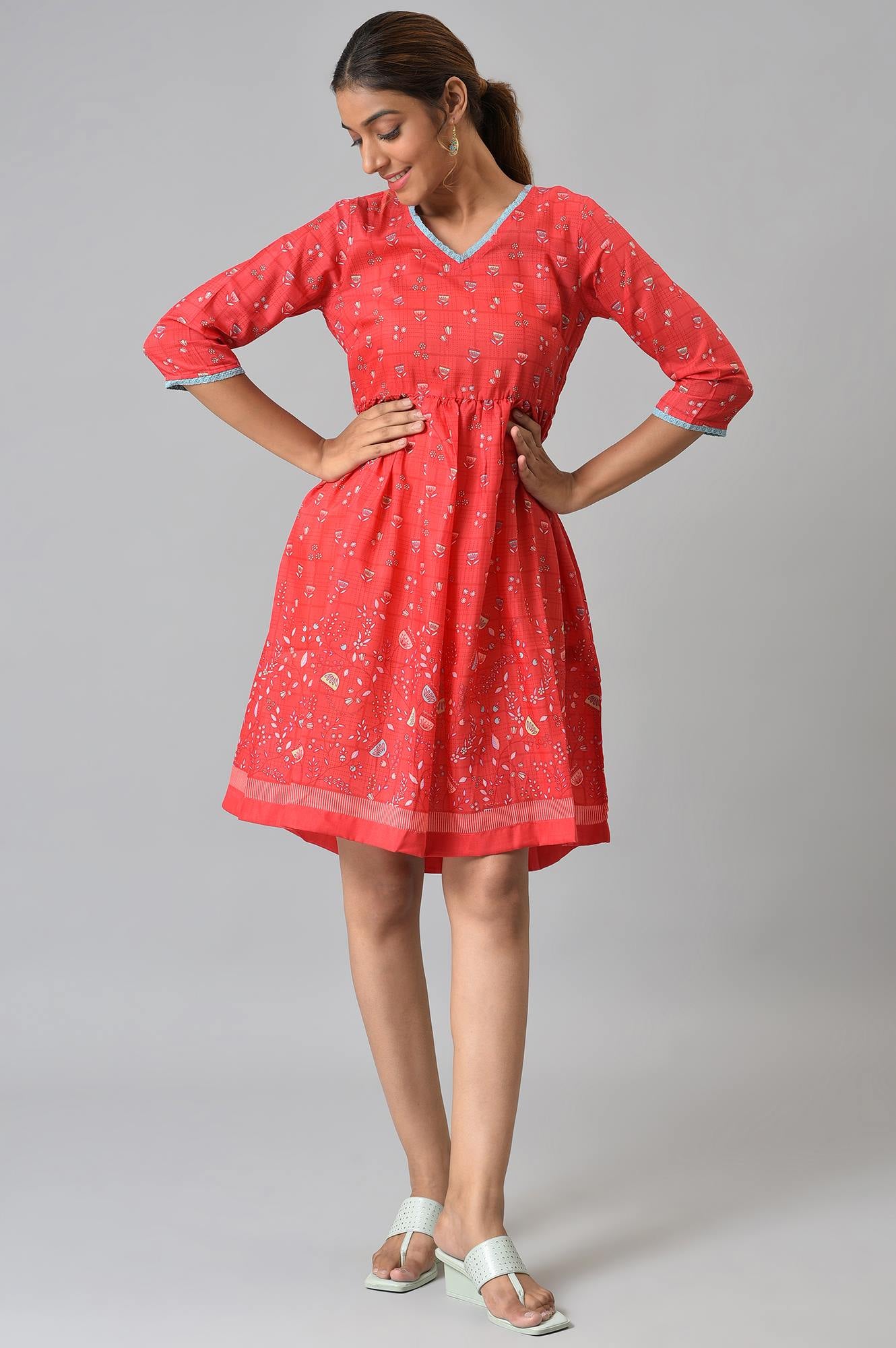 Red Floral Printed Flared Dress