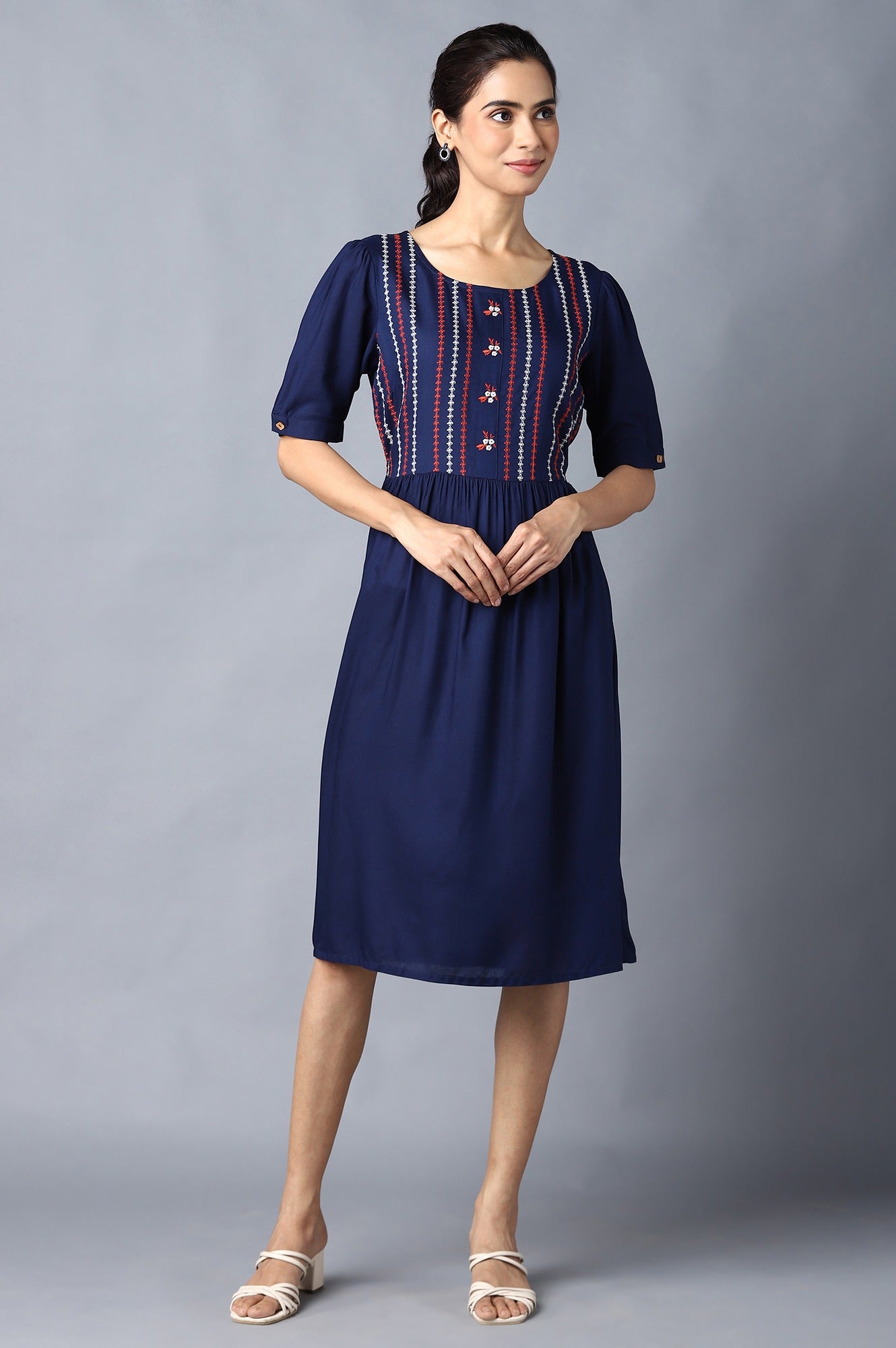 Aure Collection By Aurelia Navy Embroidered Dress With Gathers