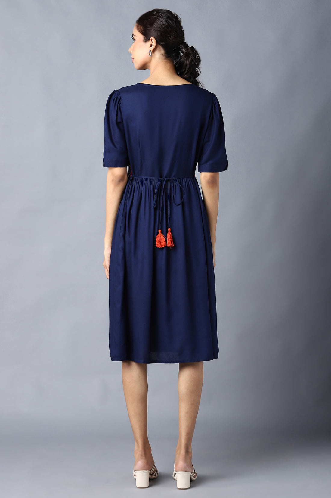 Aure Collection By Aurelia Navy Embroidered Dress With Gathers