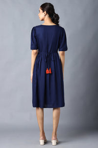 Aure Collection By Aurelia Navy Embroidered Dress With Gathers