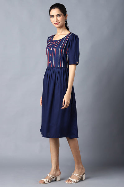 Aure Collection By Aurelia Navy Embroidered Dress With Gathers