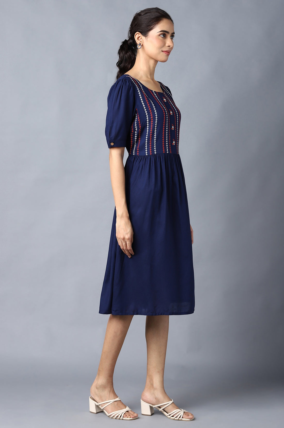 Aure Collection By Aurelia Navy Embroidered Dress With Gathers