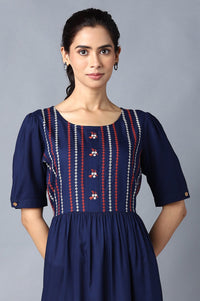 Aure Collection By Aurelia Navy Embroidered Dress With Gathers