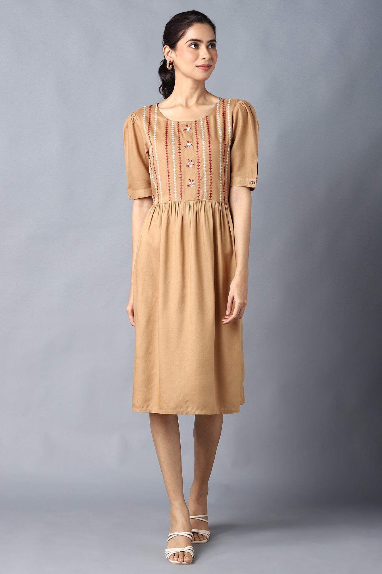 Aure Collection By Aurelia Beige Embroidered Dress With Gathers