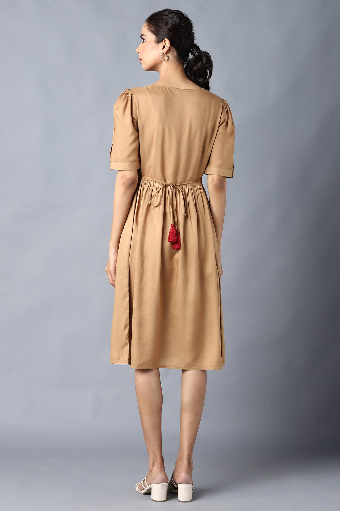 Aure Collection By Aurelia Beige Embroidered Dress With Gathers