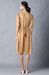 Aure Collection By Aurelia Beige Embroidered Dress With Gathers