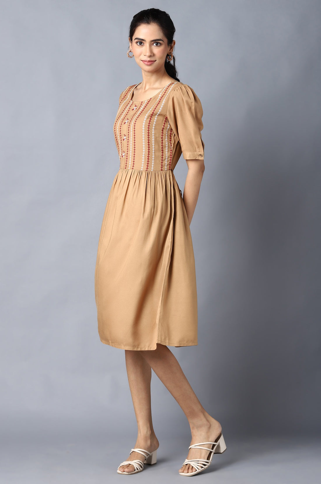 Aure Collection By Aurelia Beige Embroidered Dress With Gathers